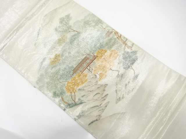 JAPANESE KIMONO / ANTIQUE FUKURO OBI / SILK / WOVEN SCENERY OF TEMPLE